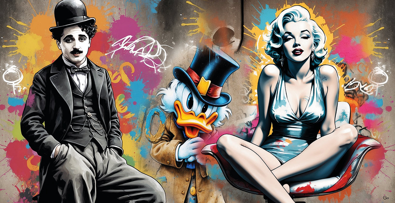 Zeitlose Ikonen: Marilyn Monroe, Charlie Chaplin & Dagobert Duck - Hochwertiger Druck auf Leinwand oder Acrylglas