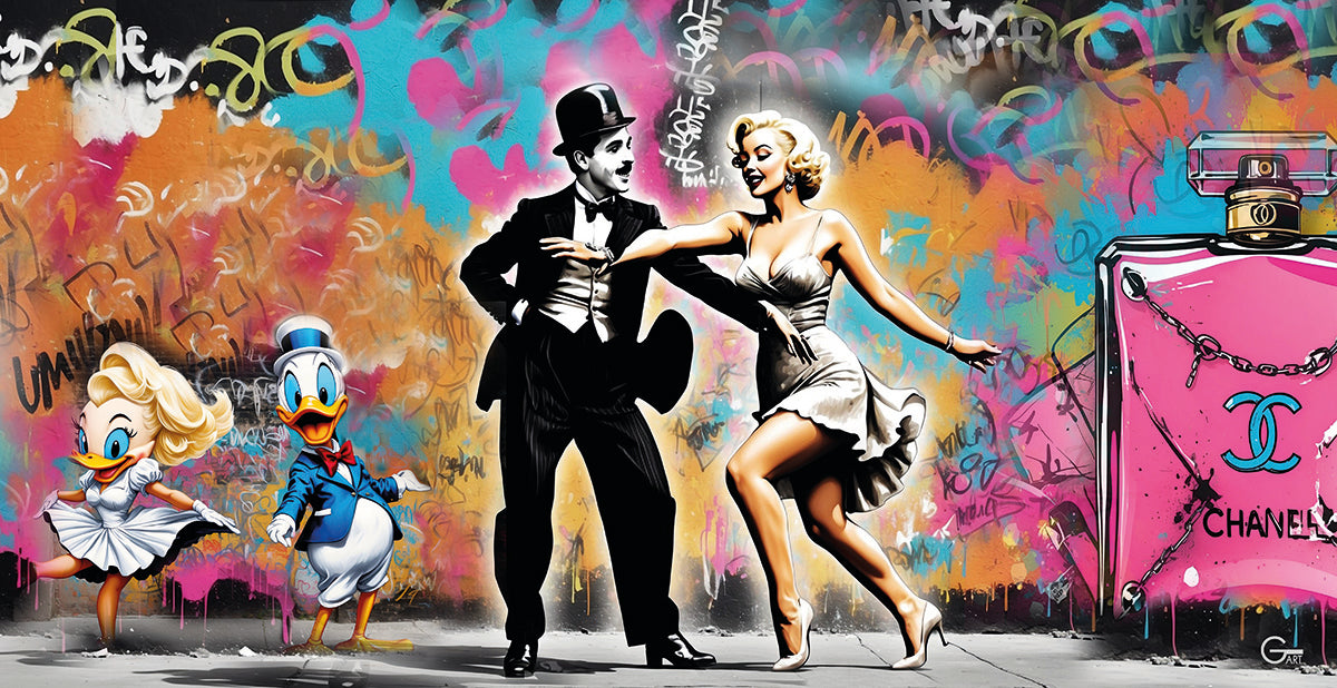 Tanz der Legenden: Charlie Chaplin & Marilyn Monroe  -  Leinwanddruck oder Acrylglas