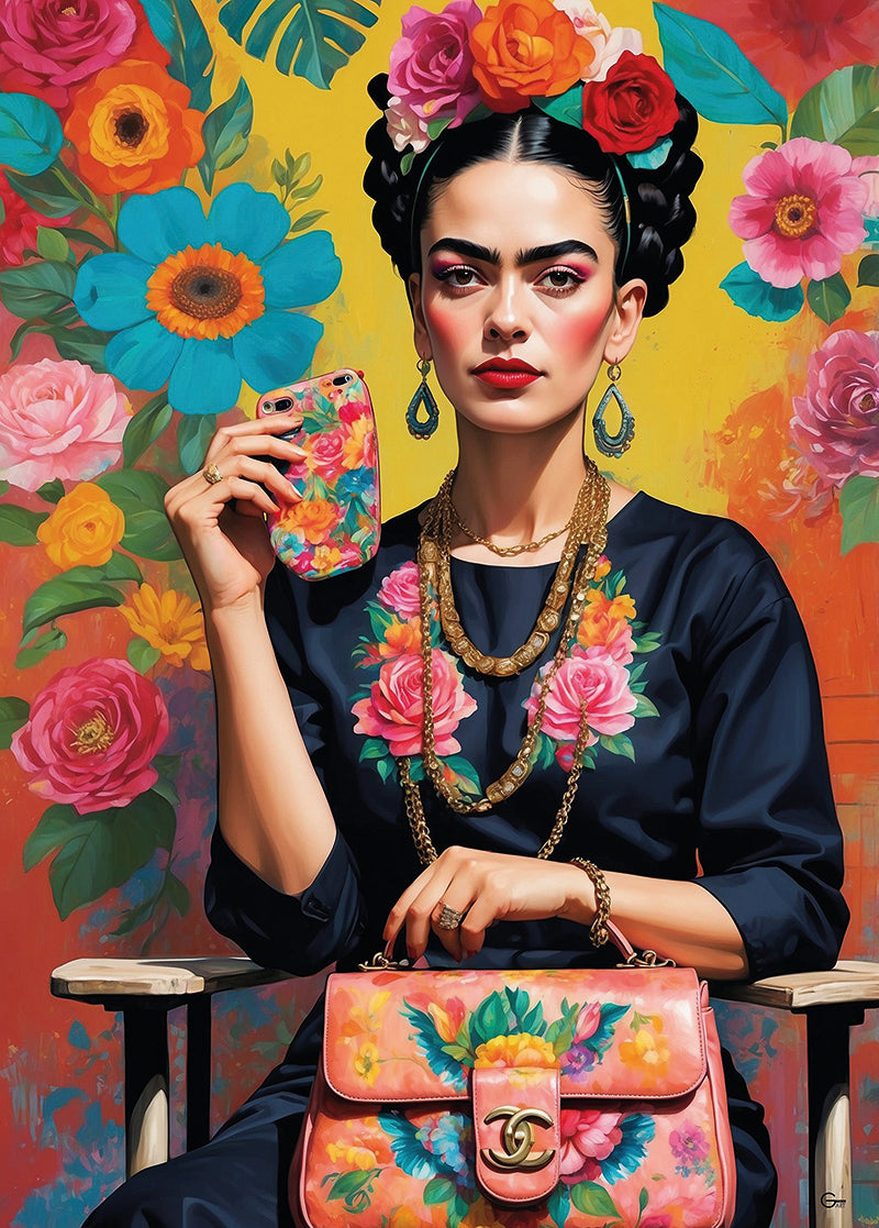 Frida Kahlo trifft Chanel: Ein exklusiver Style-Moment - Hochwertiger Druck auf Leinwand oder Acrylglas