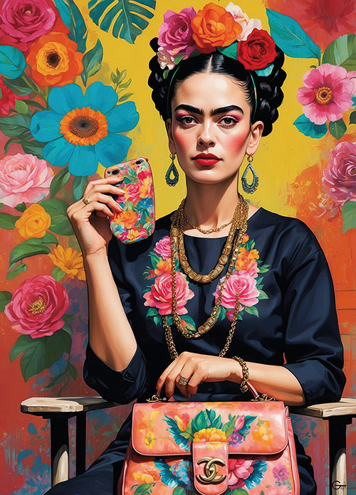 Frida Kahlo trifft Chanel: Ein exklusiver Style-Moment - Hochwertiger Druck auf Leinwand oder Acrylglas