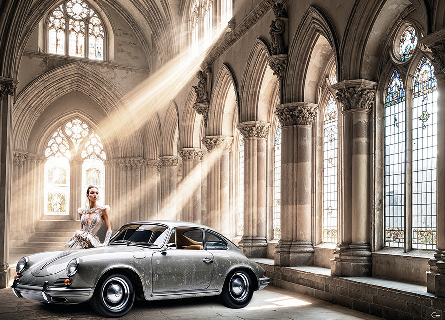 Eine Kathedrale der Eleganz, in der jeder Porsche die exquisite Verbindung von Kunst und Technik zum Leben erweckt. - Hochwertiger Druck auf Leinwand, Acrylglas, Poster und gerahmte Poster