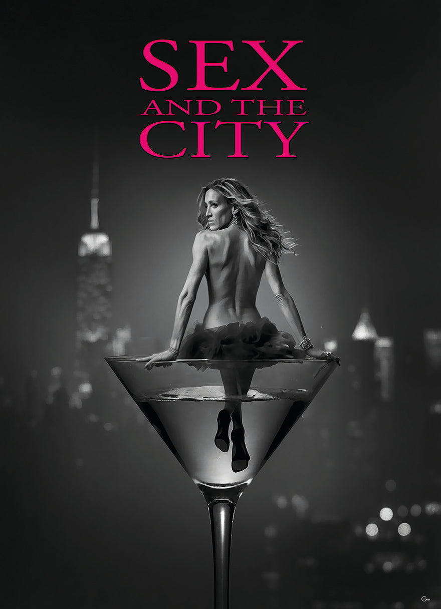 Schwarz-Weiß-Retro: Carrie Bradshaw im Stil der 80er im Sex and the City-Style- Hochwertiger Druck auf Leinwand, Acrylglas, Poster und gerahmte Poster