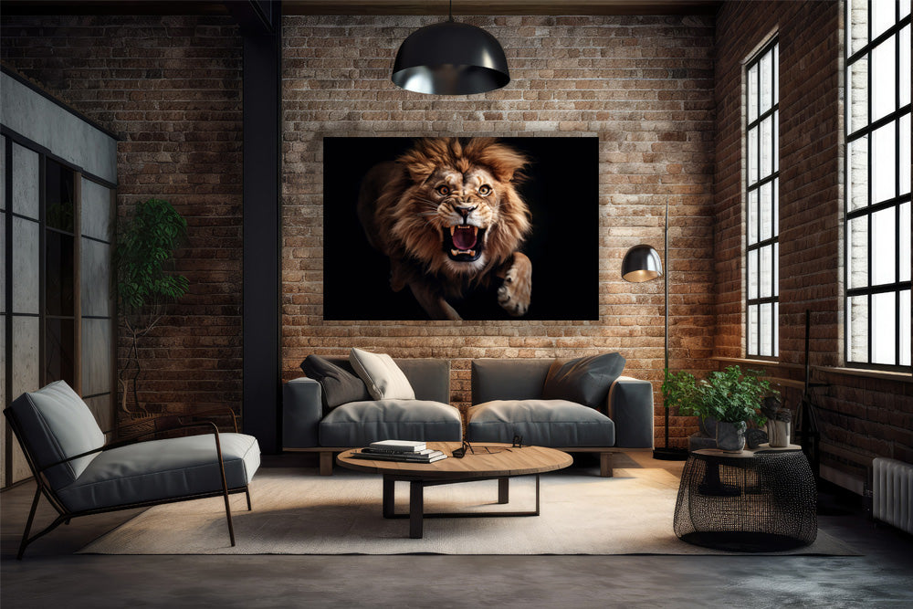 König der Wildnis: Der Brüllender Löwe - Hochwertiger Druck auf Leinwand oder Acrylglas