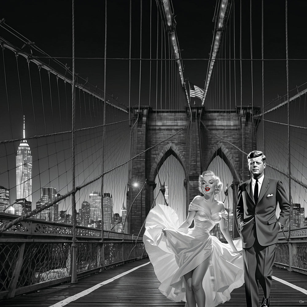Legenden auf der Brooklyn Bridge: Marilyn Monroe und Kennedy im Scheinwerferlicht - Hochwertiger Druck auf Leinwand oder Acrylglas