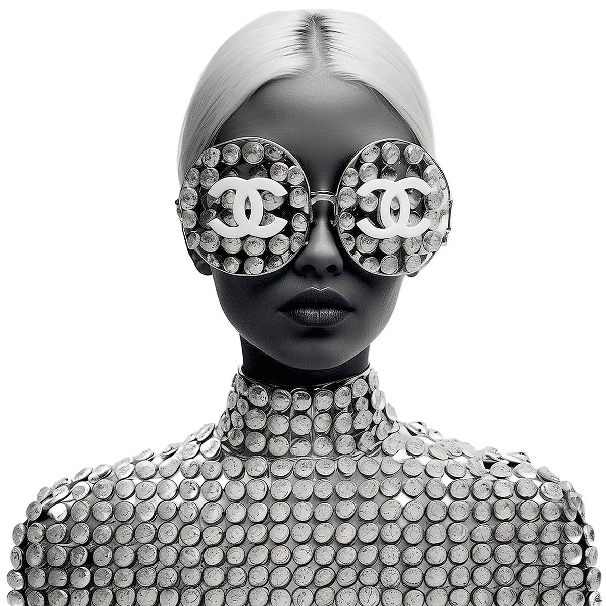 Chanel: Eleganz in Schwarz-Weiß - Die Frau mit Brille - Hochwertiger Druck auf Leinwand oder Acrylglas