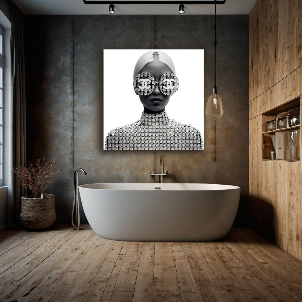 Chanel: Eleganz in Schwarz-Weiß - Die Frau mit Brille - Hochwertiger Druck auf Leinwand oder Acrylglas