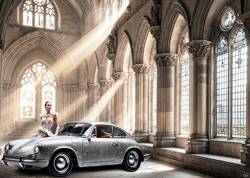 Eine Kathedrale der Eleganz, in der jeder Porsche die exquisite Verbindung von Kunst und Technik zum Leben erweckt. - Hochwertiger Druck auf Leinwand, Acrylglas, Poster und gerahmte Poster
