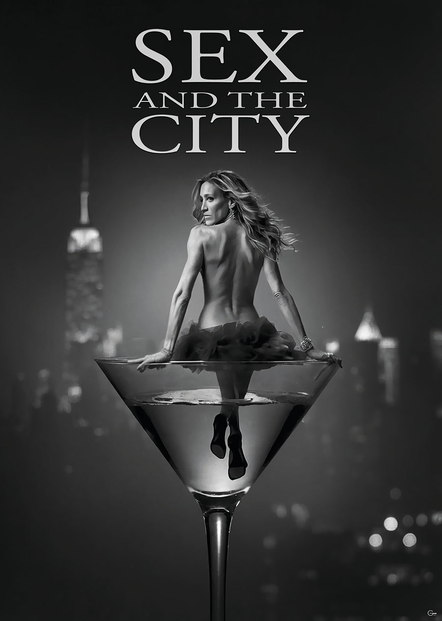 Schwarz-Weiß-Charme: Carrie Bradshaw im Stil der 80er im Sex and the City-Style- Hochwertiger Druck auf Leinwand oder Acrylglas