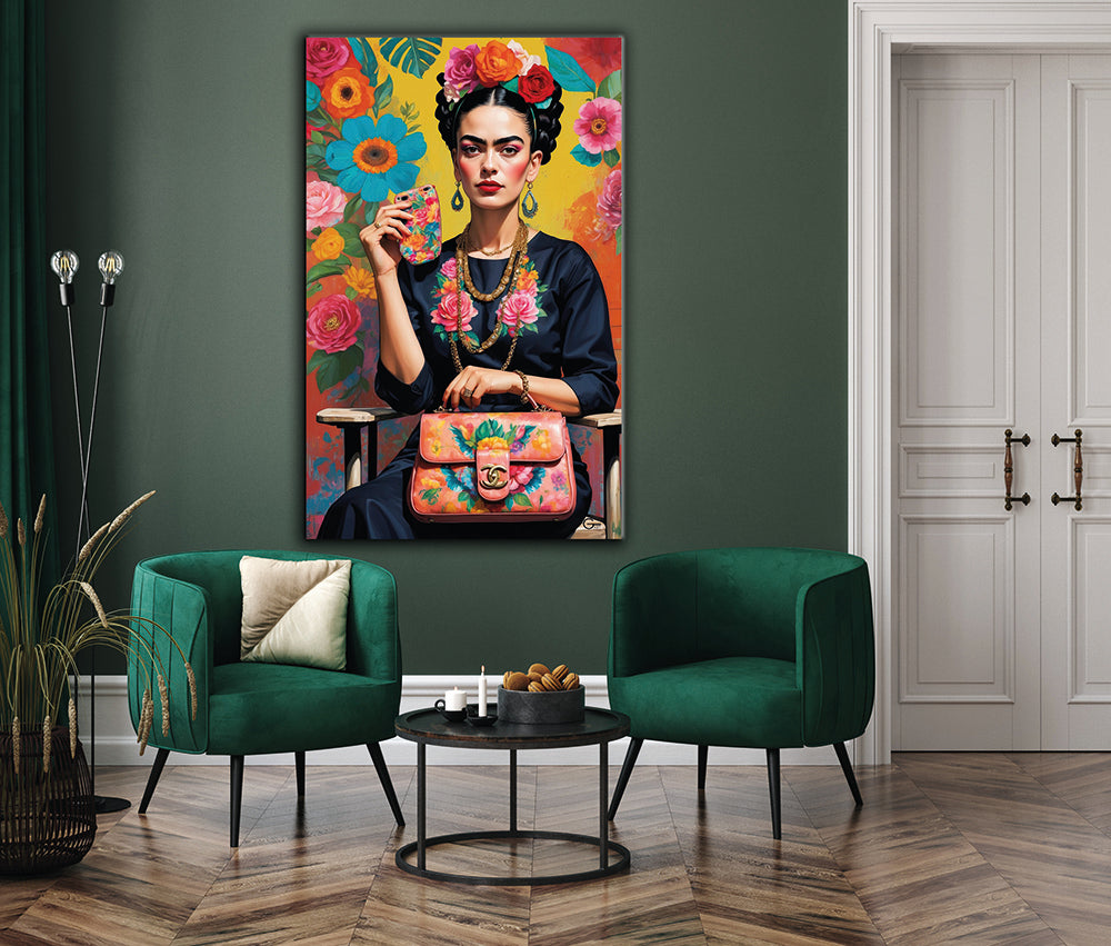 Frida Kahlo trifft Chanel: Ein exklusiver Style-Moment - Hochwertiger Druck auf Leinwand oder Acrylglas