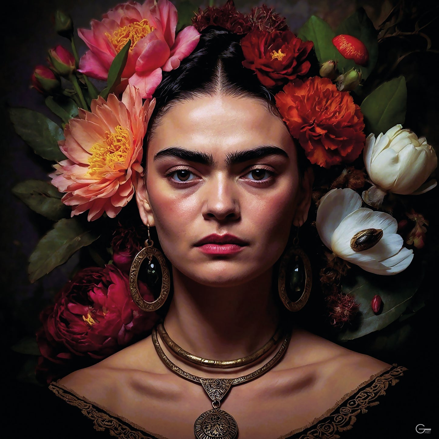 Frida Kahlo mit Blumenkrone - Hochwertiger Druck auf Leinwand oder Acrylglas